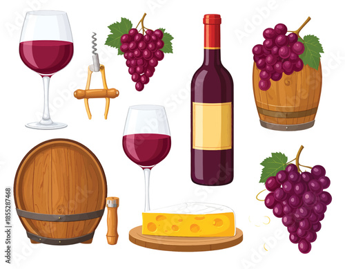 Wine and cheese still life illustration with barrel and grapes.