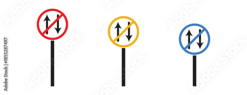 circular prohibited traffic signs with arrows, two way street restriction