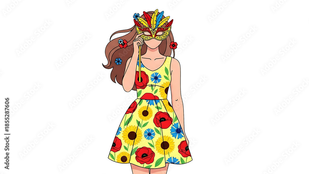 Fototapeta premium A woman wearing a colorful mask and dress on transparent background