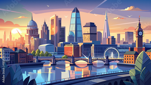Very beautiful panoramic view of the London skyline during sunrise, with soft morning light illuminating buildings and the River Thames, creating a fresh and peaceful city atmosphere.
