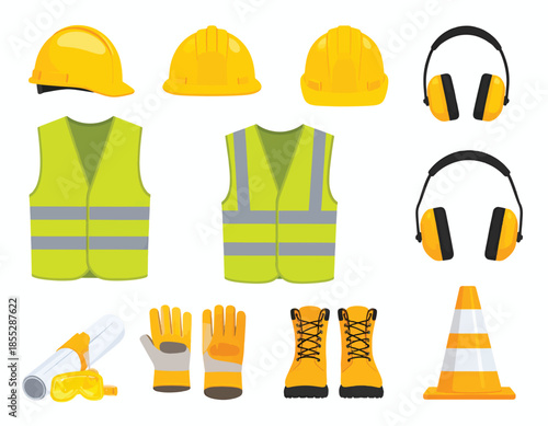 Construction worker safety equipment vector illustration set on white background.