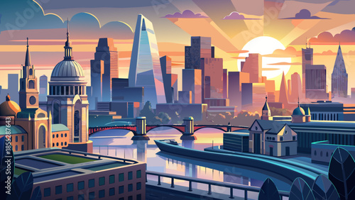 Very beautiful panoramic view of the London skyline during sunrise, with soft morning light illuminating buildings and the River Thames, creating a fresh and peaceful city atmosphere.