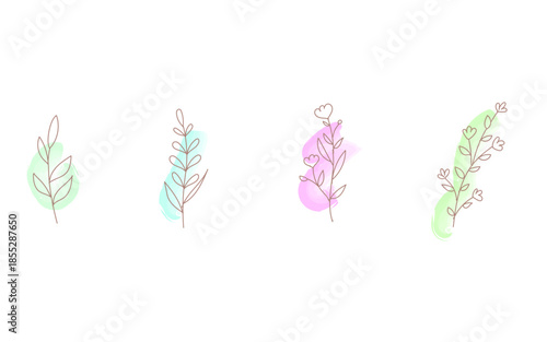 おしゃれな手描きの葉っぱのあしらいセット。水彩のワンポイント付き。