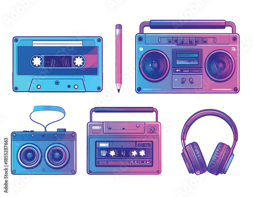 Collection of retro audio equipment in neon colors, including cassette tapes, boombox, and headphones.