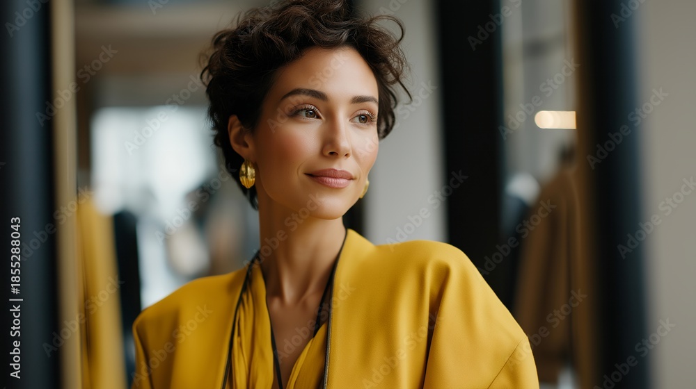 custom made wallpaper toronto digitalA personal stylist reviewing outfit options with a client in front of a full-length mirror, offering tailored fashion advice focused on body confidence and everyday wear. cinematic color