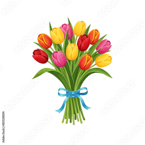 Bouquet of tulips tied with a blue ribbon, representing spring and beauty.