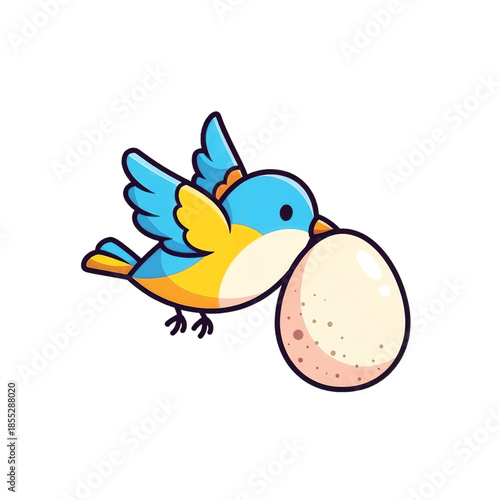 Blue bird holding an egg, representing springtime and nurturing.