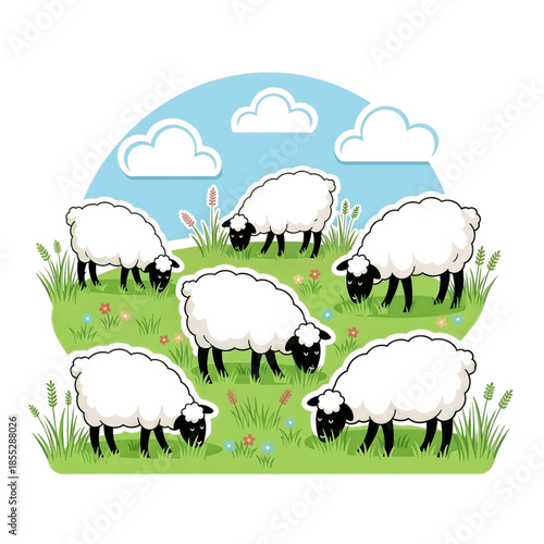 Group of sheep grazing in a grassy field, symbolizing peace and pastoral life.
