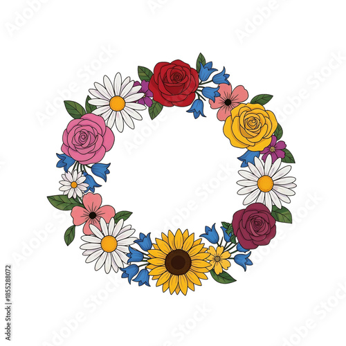 Wreath made of various spring flowers, symbolizing renewal and joy.