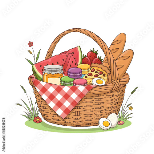 Picnic basket filled with food and drinks, perfect for spring outings.