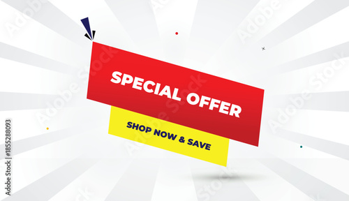 special offer save shop now editable eps format web banner vector art illustration template design red yellow bold font white gray gradient abstract sun shine business background 4k