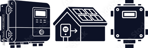 Dark blue icons of solar panel house inverter and junction box solar energy renewable energy