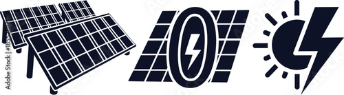 Dark blue solar panels and sun lightning bolt icons on white background solar energy renewable energy