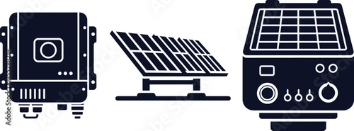 Dark blue icons of solar power equipment on white background solar panel inverter