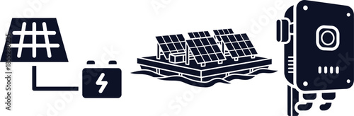 Floating solar panels, battery, and inverter on water Keywords: floating solar panels, solar energy, renewable energy, battery