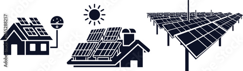 Solar energy icons house farm panels sun and meter solar panel renewable energy