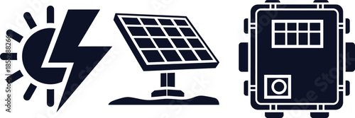 Solar energy and electricity icons with sun and lightning bolt Keywords: solar energy, electricity, renewable energy, power