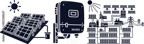 Solar energy system diagram with panels, inverter, and grid connection Keywords: solar energy, renewable energy, electricity, power