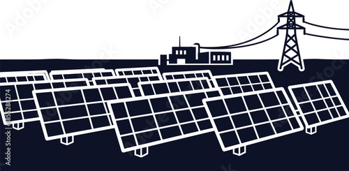 Solar farm with power plant and transmission tower on dark landscape Keywords: solar farm, solar panels, renewable energy