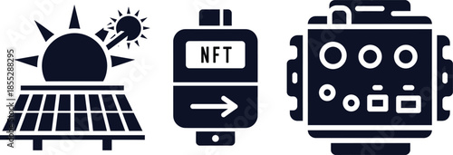 Solar panel with sun N F T digital art and circuit board icons non-fungible token