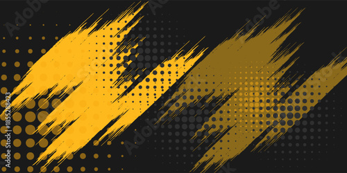 Black and yellow abstract background with brushstroke and halftone style.