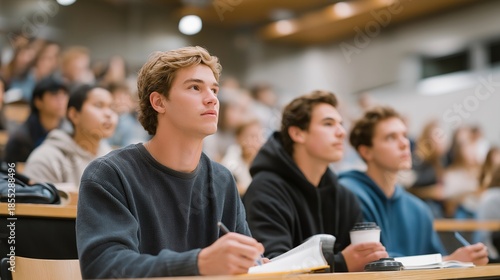 Wallpaper Mural A packed college lecture hall during the first week of semester, students settling into seats with notebooks and coffee, capturing academic anticipation and campus energy. cinematic color Torontodigital.ca