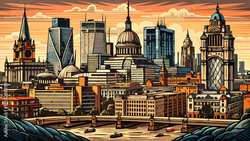 Very beautiful vintage-style engraving sketch illustration of London cityscape with tall buildings, presenting a detailed artistic interpretation suitable for posters, prints, and design backgrounds.