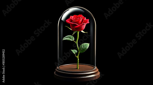 Enchanted Red Rose Under a Glass Dome Cloche on a Dark Black Background, Beauty and the Beast Concept
