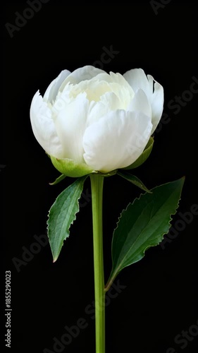 Time lapse,  growing blossom, single white flower in full bloom sits against black background, showcasing smooth petals and green leaves, serene and elegant., calmness, beauty, nature, purity., spring