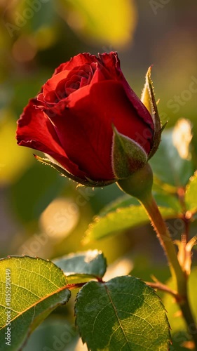 Time lapse,  growing blossom, vibrant red rose in full bloom is displayed against blurred green backdrop, evoking tranquility and natural beauty, with themes of love, nature, springtime, and floral ar