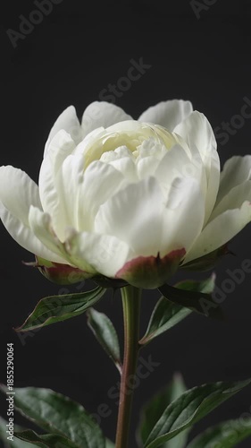 Time lapse,  growing blossom, white peony flower in full bloom sits on green stem with visible leaves against dark background, conveying tranquility and elegance, floral, serenity, beauty, nature, cel