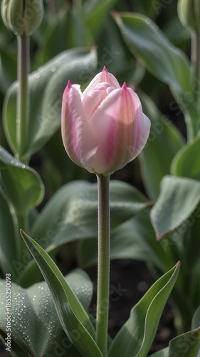 Time lapse,  growing blossom,pink tulip bud with yellow hints, surrounded by fresh green leaves and dew droplets, in natural setting, tranquility, growth, nature, springtime. Springtime festivity