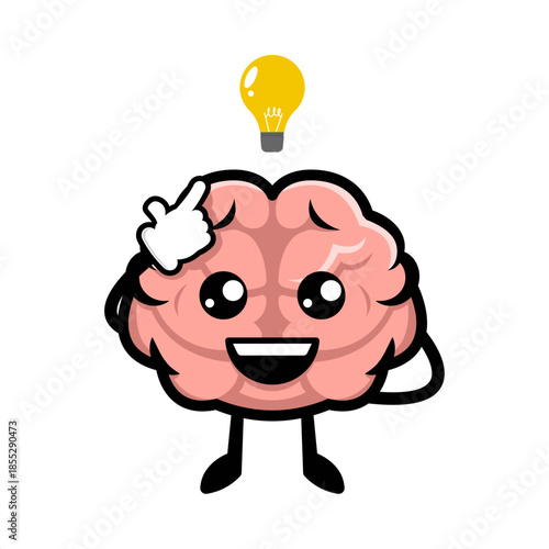 Whimsical cartoon brain character with an illuminating light bulb above its head, symbolizing a sudden spark of brilliant insight, innovative thinking, and creative problem-solving
