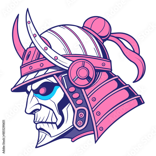 Cyberpunk Samurai Ronin Vector: Futuristic Japanese Warrior Helmet with Topknot in Neon Pink and Purple Synthwave Style, Sci-Fi Cyborg Illustration Graphic Art