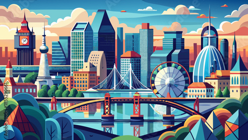 Very beautiful creative panoramic view of London’s cityscape, combining architectural landmarks, flowing river elements, and balanced composition suitable for wide-format visual designs.