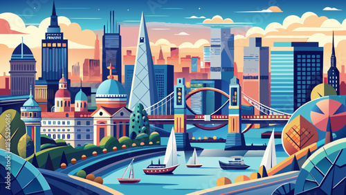 Very beautiful creative panoramic view of London’s cityscape, combining architectural landmarks, flowing river elements, and balanced composition suitable for wide-format visual designs.