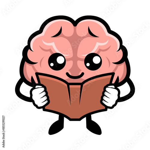 Adorable animated brain mascot joyfully engrossed in reading an open book, representing the pursuit of knowledge, mental development, and a love for education
