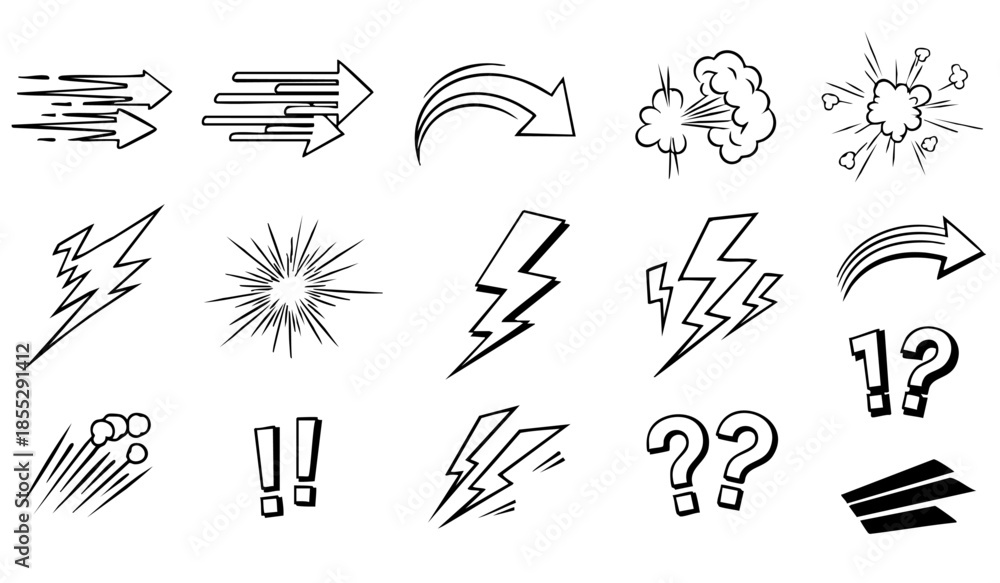 Fototapeta premium Comic boom cartoon effect line element set. Comic speech bubble pow, boom text, explosive splash smoke, wow cartoon vector icon. Hand drawn sketch doodle explosive element. Vector illustration.