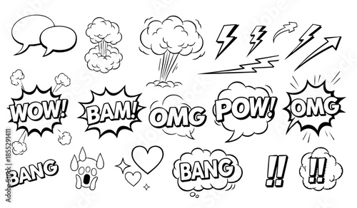 Comic boom cartoon effect line element set. Comic speech bubble pow, boom text, explosive splash smoke, wow cartoon vector icon. Hand drawn sketch doodle explosive element. Vector illustration.