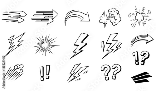 Comic boom cartoon effect line element set. Comic speech bubble pow, boom text, explosive splash smoke, wow cartoon vector icon. Hand drawn sketch doodle explosive element. Vector illustration.