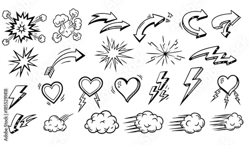 Comic boom cartoon effect line element set. Comic speech bubble pow, boom text, explosive splash smoke, wow cartoon vector icon. Hand drawn sketch doodle explosive element. Vector illustration.