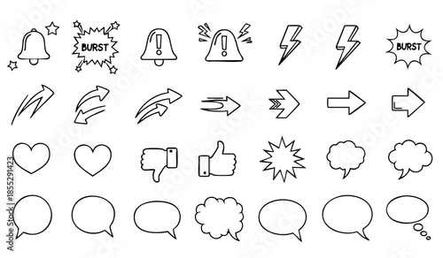 Comic boom cartoon effect line element set. Comic speech bubble pow, boom text, explosive splash smoke, wow cartoon vector icon. Hand drawn sketch doodle explosive element. Vector illustration.