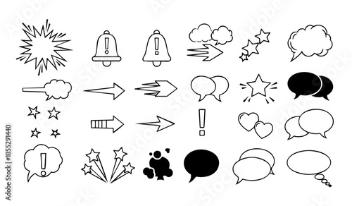 Comic boom cartoon effect line element set. Comic speech bubble pow, boom text, explosive splash smoke, wow cartoon vector icon. Hand drawn sketch doodle explosive element. Vector illustration.