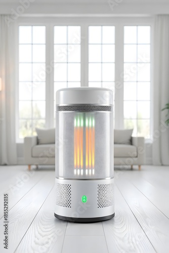 Contemporary white cylindrical heater glowing in a bright, minimalist living room setting