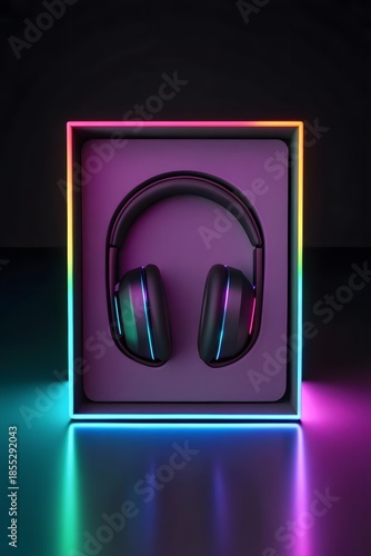 A pair of modern black headphones with vibrant neon light accents displayed in a presentation box
