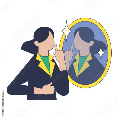 Woman looking in mirror and adjusting her hair with a confident and proud expression