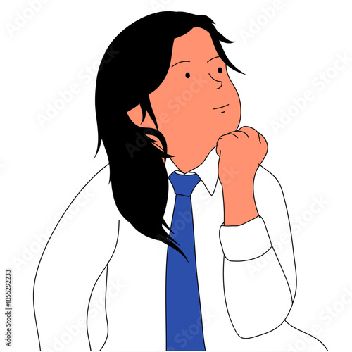 A thoughtful person with dark hair and a blue tie ponders a serious matter with their fist against their chin