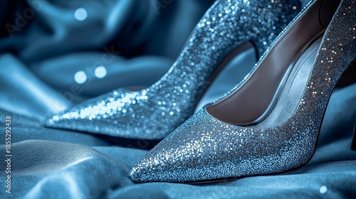 beautiful blue shiny christmas shoe on shiny bokeh background. new year party.