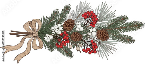 Festive holiday decoration with pine branches and ribbon