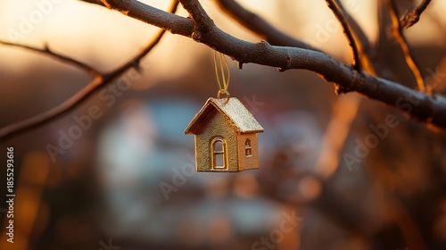 christmas tree house with a toy in a snow - tree on a blurred background. new year 's holiday concept, winter holidays, christmas. selective